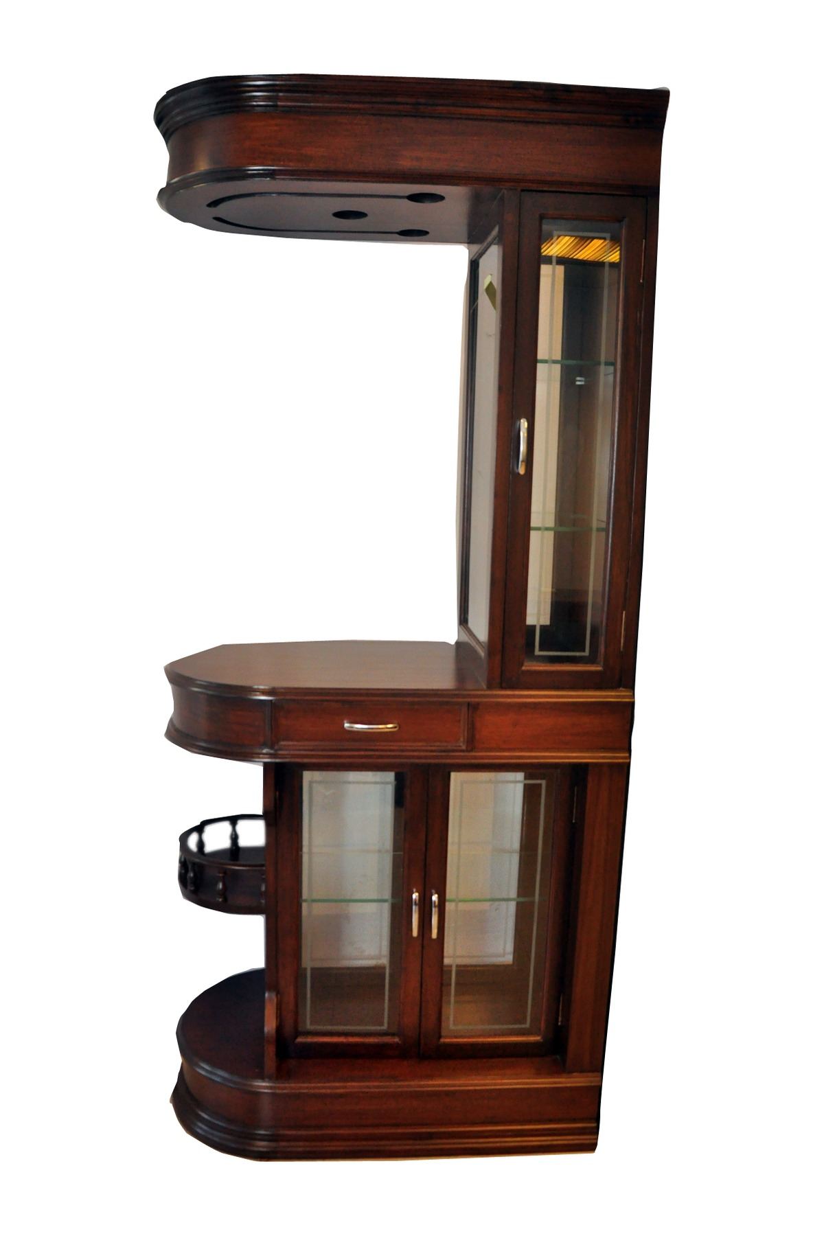 Home bar by Carpenters Choice — glazed cabinets above and below the counter, with a drawer and a side tray