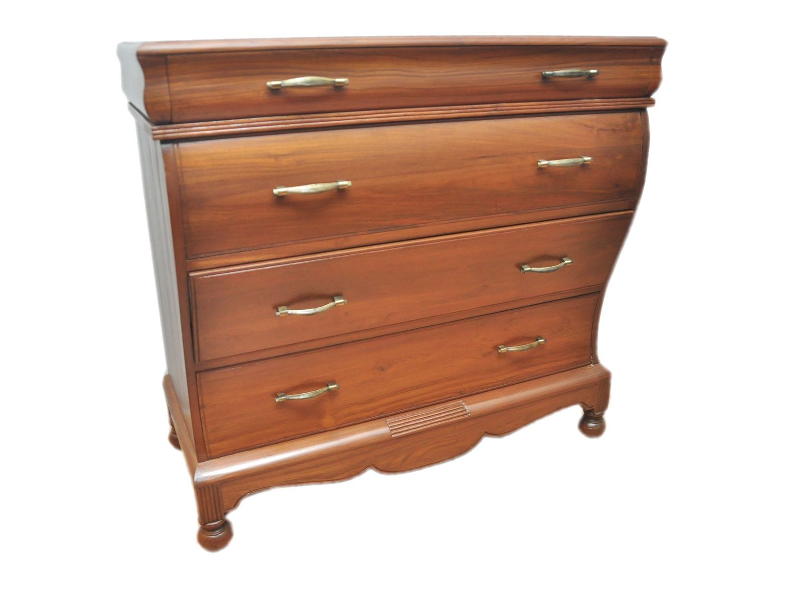 Chest of drawers by Carpenters Choice — four drawers behind a bombé front; brass pulls, bun feet