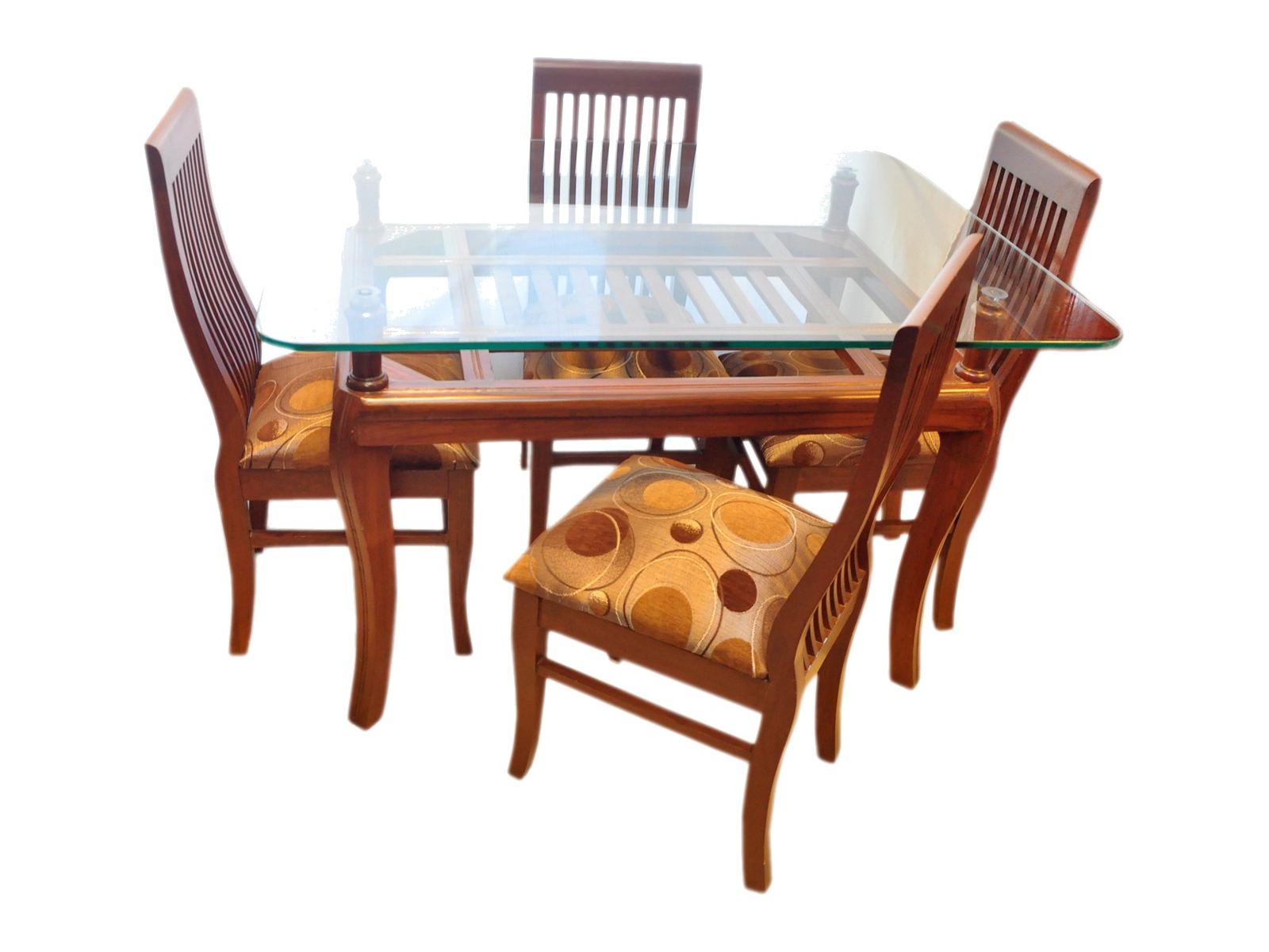 Dining table for four by Carpenters Choice — glass top on a slatted frame; slat-back chairs with upholstered seats