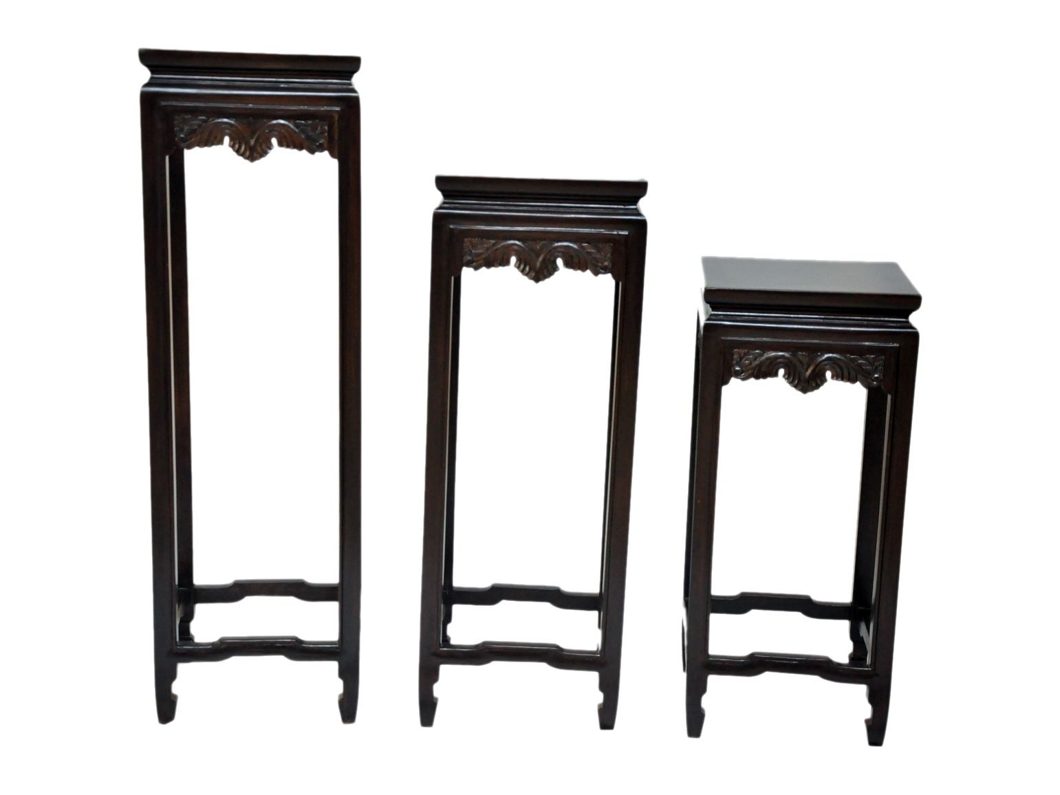 Set of three stands by Carpenters Choice — graduated heights, carved aprons — for plants or lamps