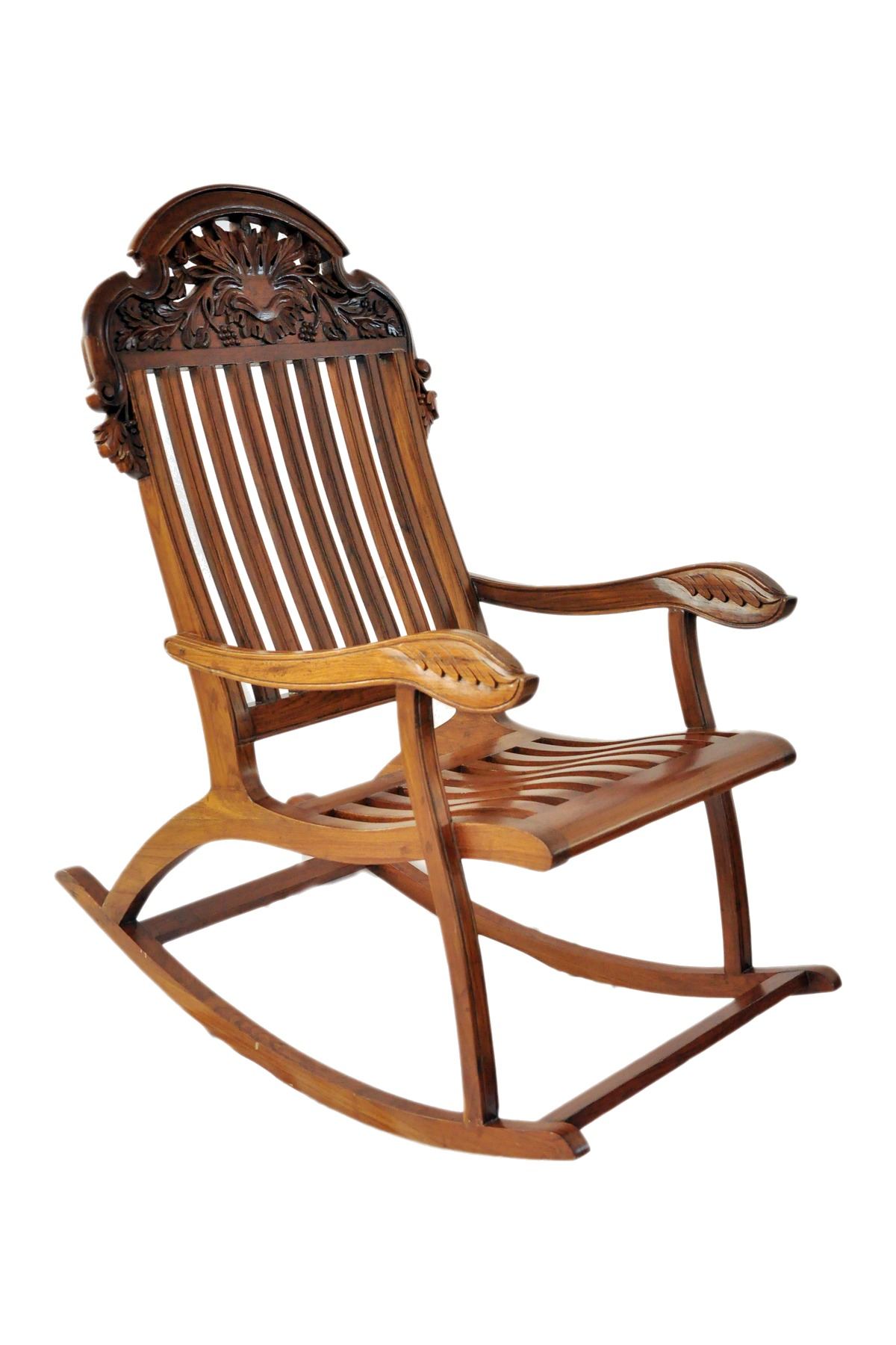Rocking chair by Carpenters Choice — carved crest and leaf-carved arms; slatted back and seat, on rockers