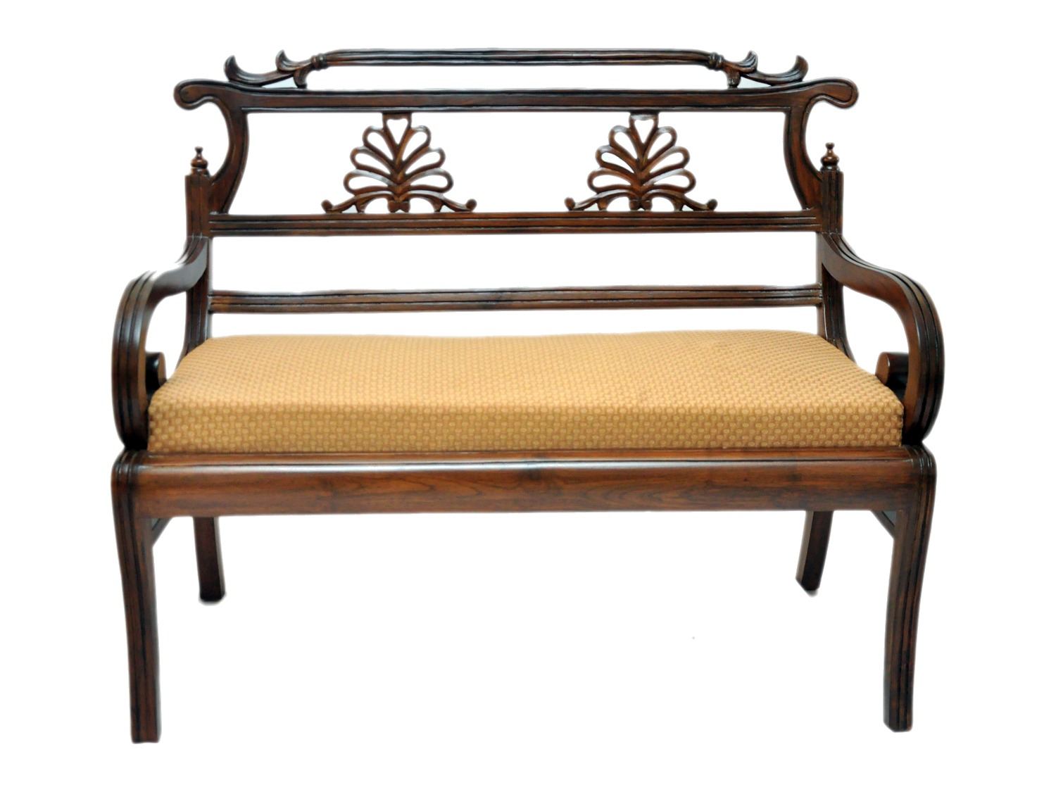 Two-seat settee by Carpenters Choice — reeded top rail, pierced fan splats, scrolled arms, upholstered seat